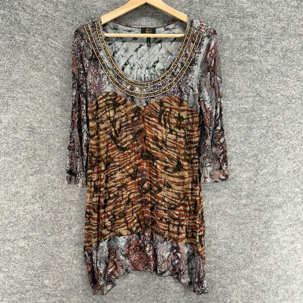 Faith Blouse Women M Medium Brown Striped Tunic 3/4 Sleeve Round Neck Rayon